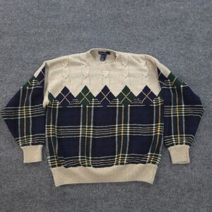 Vintage Nautica Sweater Mens Large Blue Plaid Argyle Linen Blend Chunky Cable‎